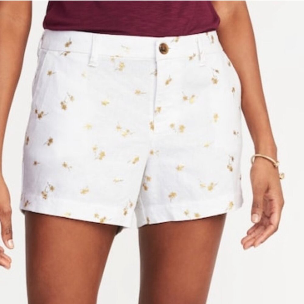 Old Navy Women's Everyday Linen Blend Shorts Gold Palm Trees Beachy, Size 12